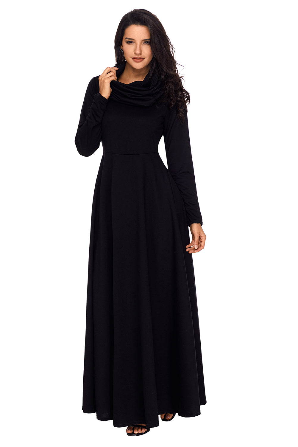 Black Cow Neck Long Sleeve Maxi Dress