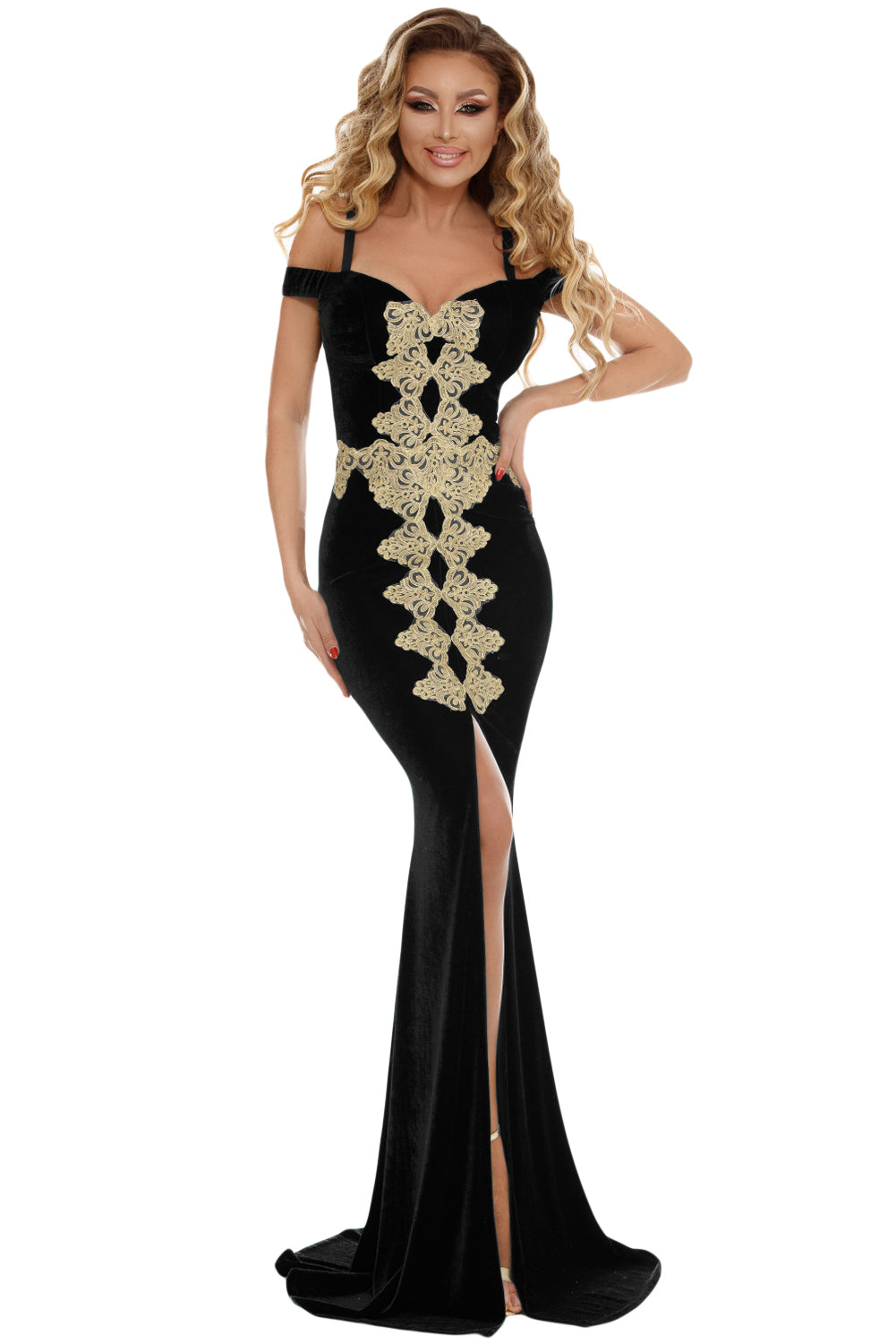 Black Embroidered Applique Front Slit Mermaid Evening Dress