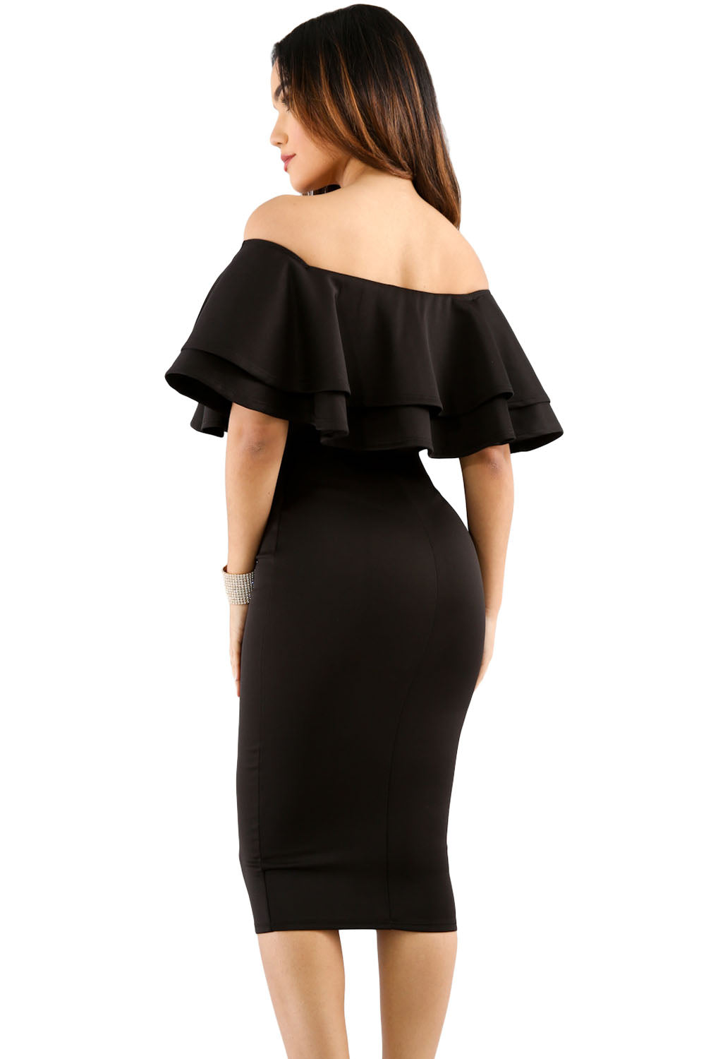 Black Layered Ruffle Off Shoulder Midi Dress