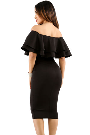 Black Layered Ruffle Off Shoulder Midi Dress