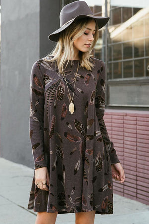 Coffee Feather Graphic Pocket Tunic Dress
