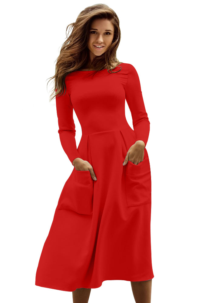 Red Bateau Collar Casual Big Pocket Skater Dress