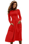 Red Bateau Collar Casual Big Pocket Skater Dress