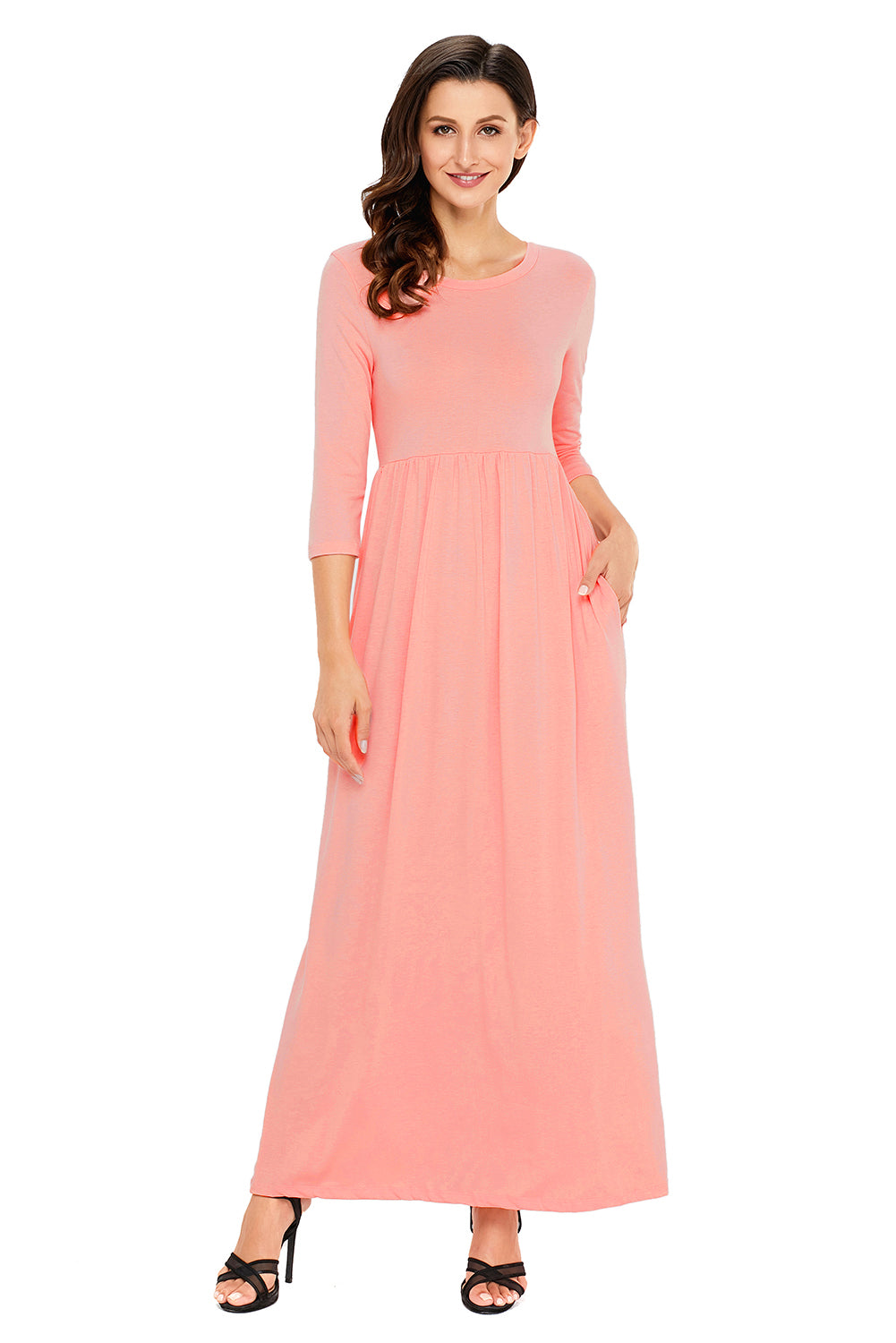 Pink Pocket Design 3/4 Sleeves Maxi Dress