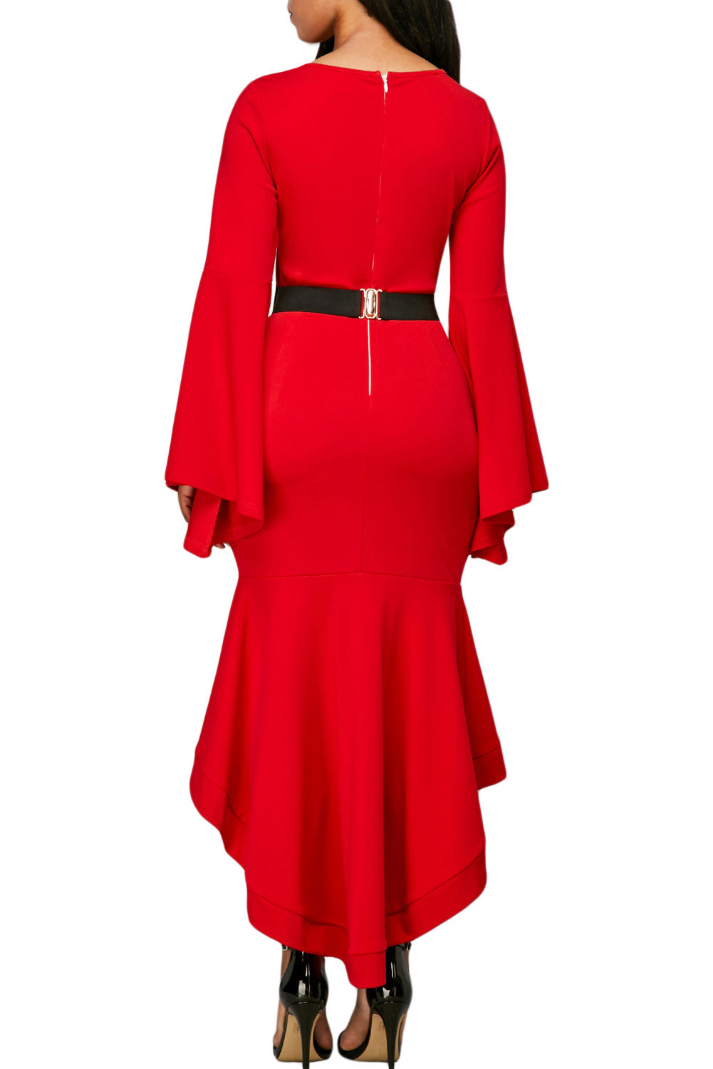 Red Bell Sleeve Dip Hem Belted Dress