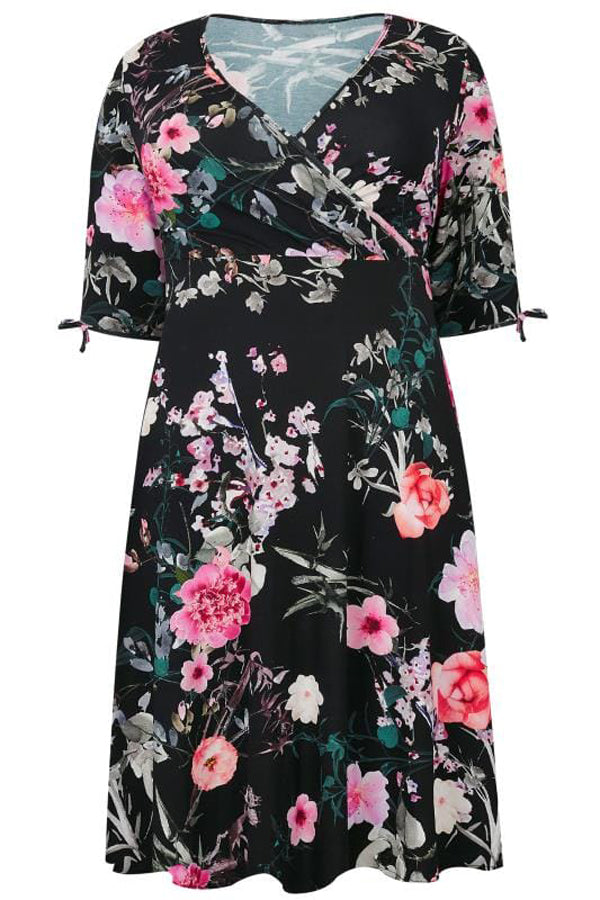 Black 3/4 Length Tie Sleeves Floral Jersey Wrap Dress
