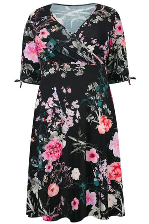 Black 3/4 Length Tie Sleeves Floral Jersey Wrap Dress