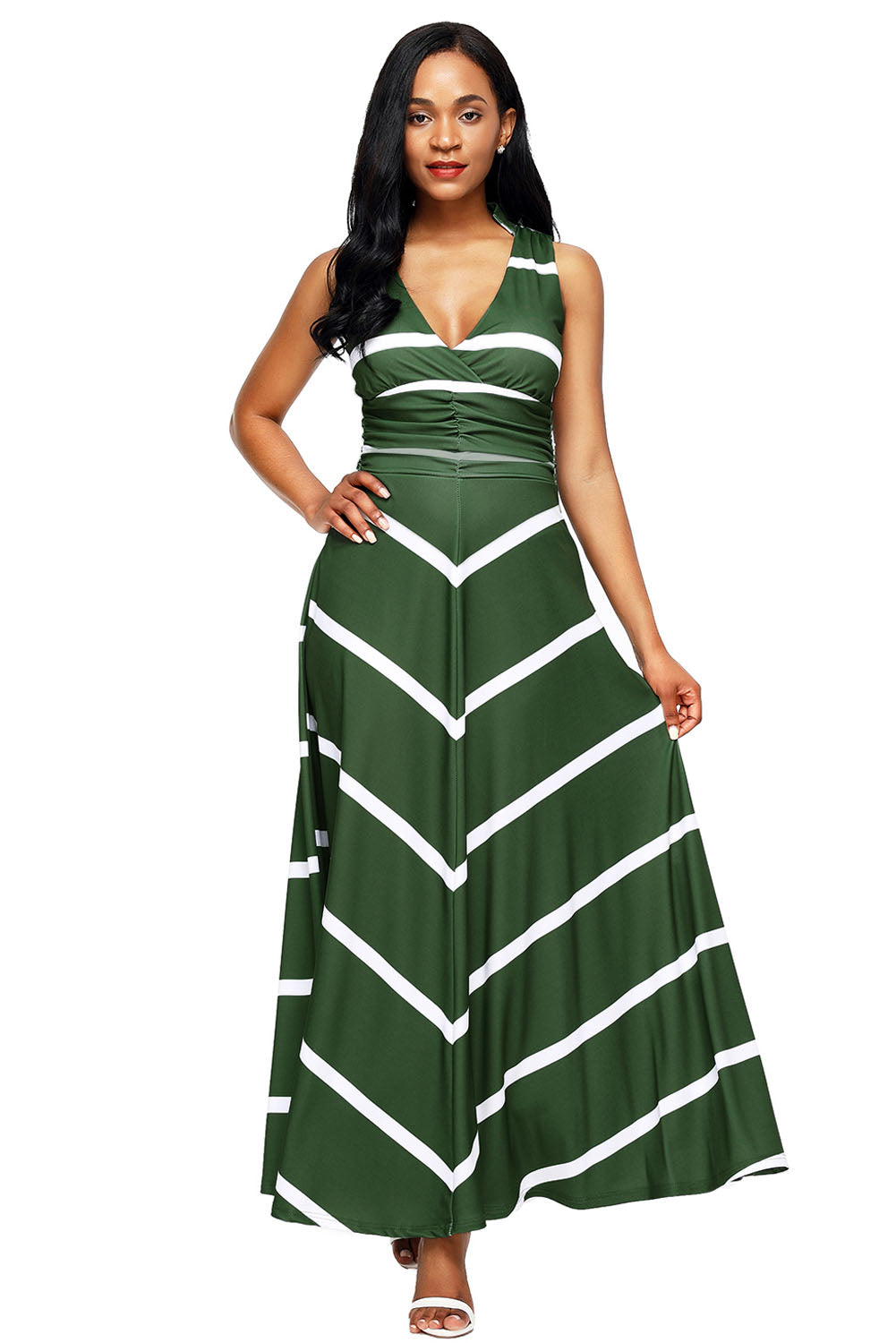 Olive V Neck Cut out Back Printed Maxi Dress
