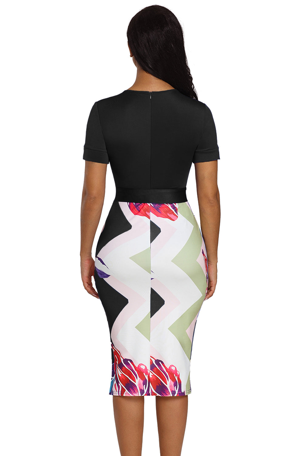 Black Bowknot Short Sleeve Printed Sheath Dress