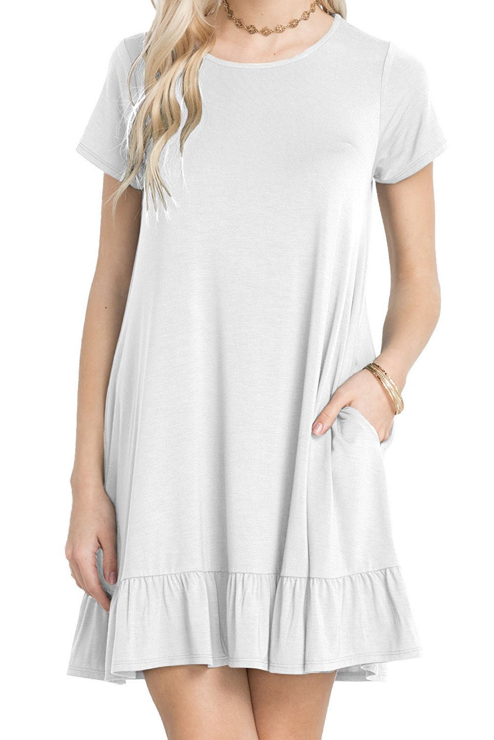 White Short Sleeve Draped Hemline Casual Shirt Dress