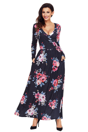 Black Floral Surplice Long Sleeve Maxi Boho Dress