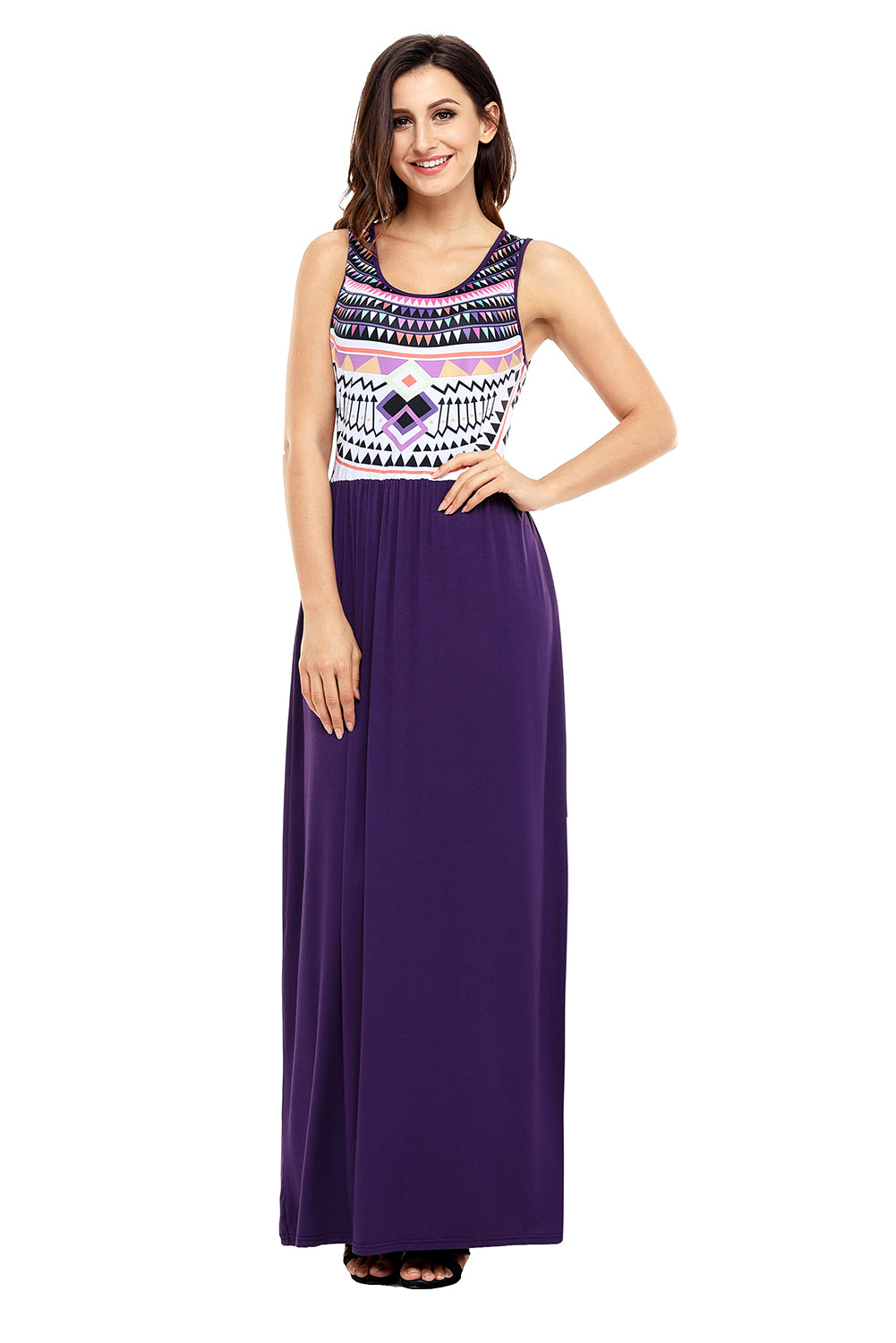 Stylish Aztec Print Sleeveless Purple Maxi Dress