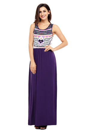 Stylish Aztec Print Sleeveless Purple Maxi Dress