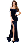 Blue Off-shoulder Side Slit Velvet Maxi Party Dress