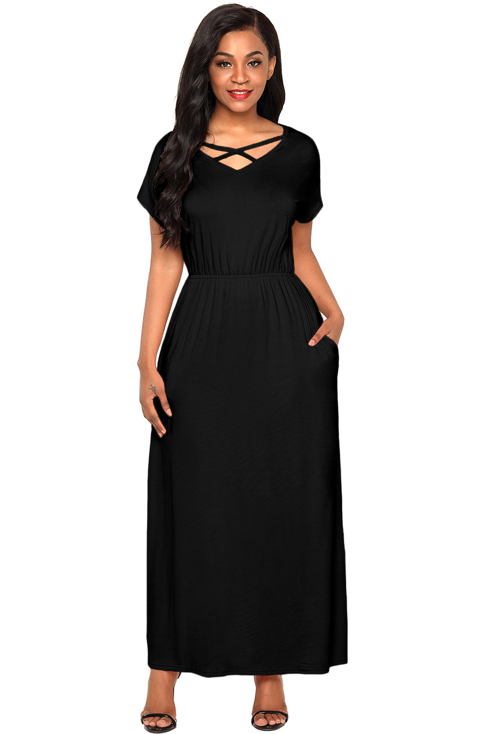 Black Crisscross V Neck Short Sleeve Maxi Jersey Dress