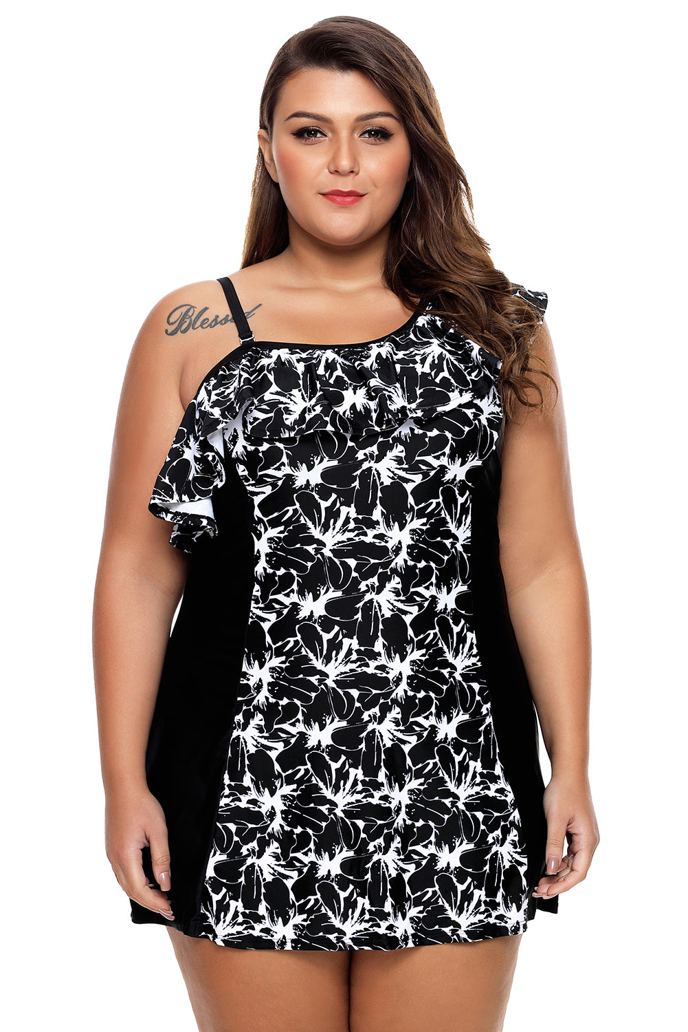 Monochrome Panel Accent 1pc Swim Dress with Shorts
