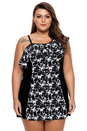 Monochrome Panel Accent 1pc Swim Dress with Shorts