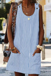 Sky Blue Boho Crew Neck Pockets Daily Striped Shift Dress