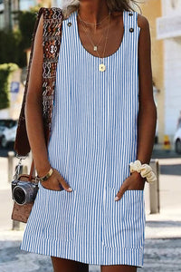 Sky Blue Boho Crew Neck Pockets Daily Striped Shift Dress