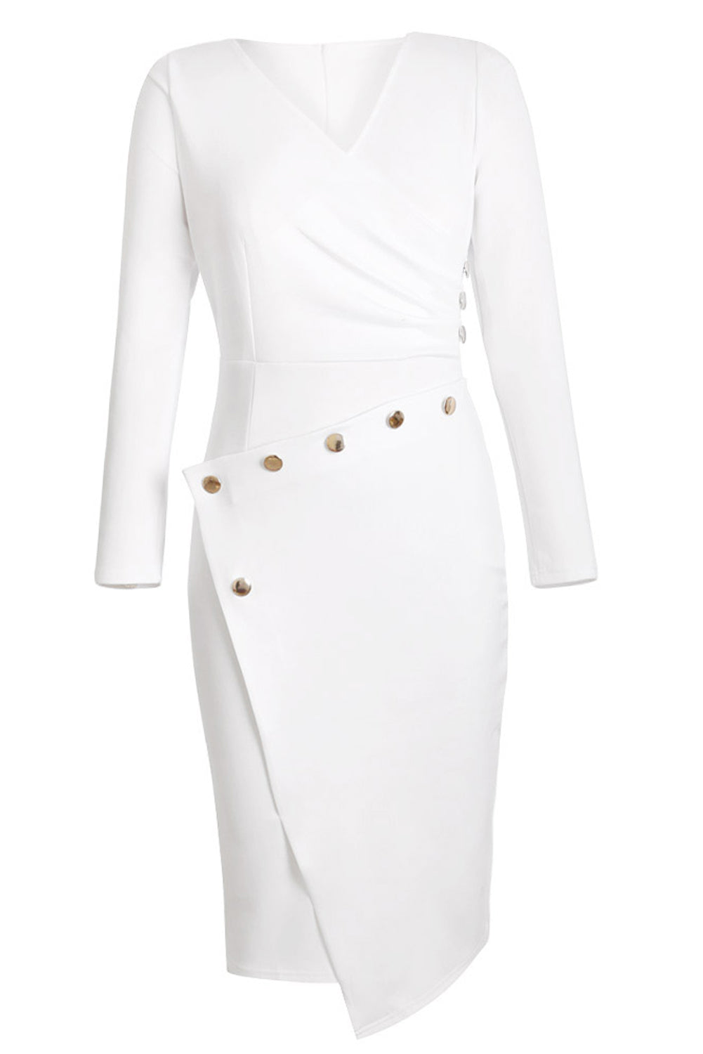 Asymmetric Button Detail White Ruched Midi Dress