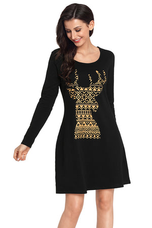 Geometric Snowflake Reindeer Black Christmas T-shirt Dress