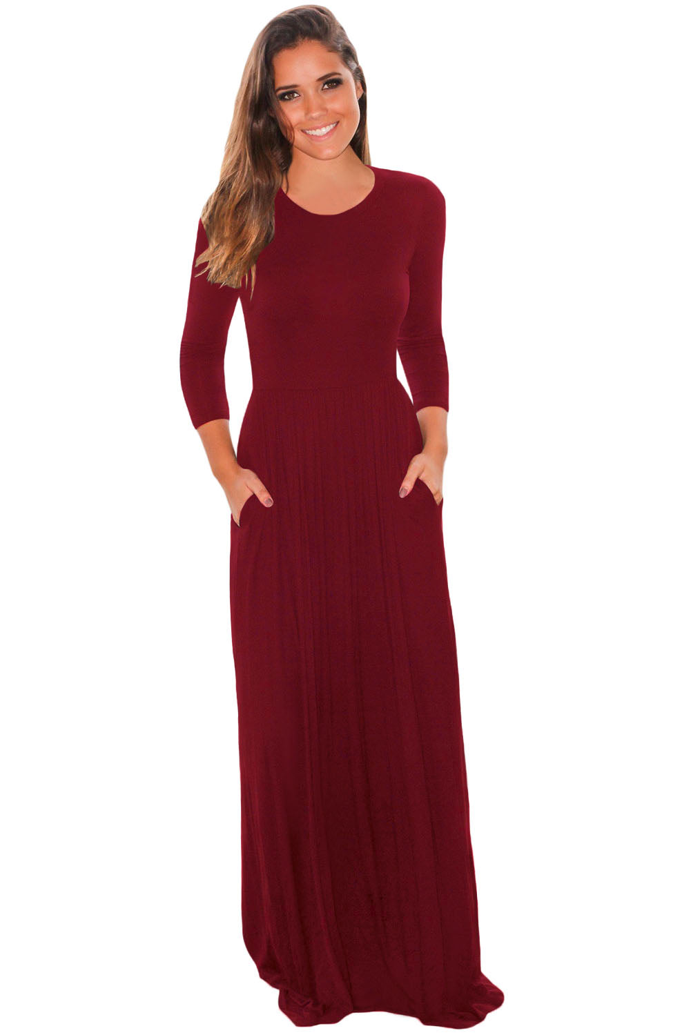 Burgundy Pocket Design 3/4 Sleeves Maxi Dress