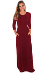 Burgundy Pocket Design 3/4 Sleeves Maxi Dress