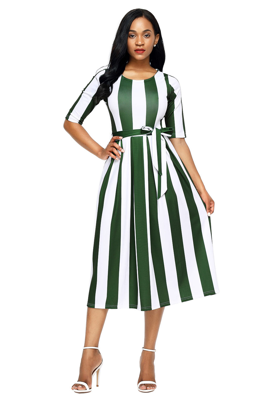 Olive Stripe Print Half Sleeve Belted Dress