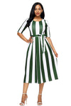 Olive Stripe Print Half Sleeve Belted Dress