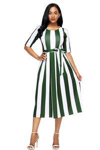Olive Stripe Print Half Sleeve Belted Dress