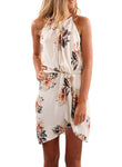 White Halter Neck Floral Print Sleeveless Casual Mini Dress