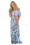 Sky Blue Ruffle Off Shoulder Floral Print Maxi Boho Dress