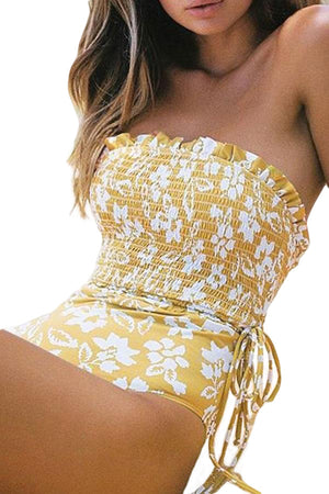 Yellow Fashion Side Tie Flower Print One Piece Swimsuit