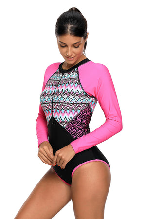Aztec Print Blue Rashguard Long Sleeve One Piece Swimsuit
