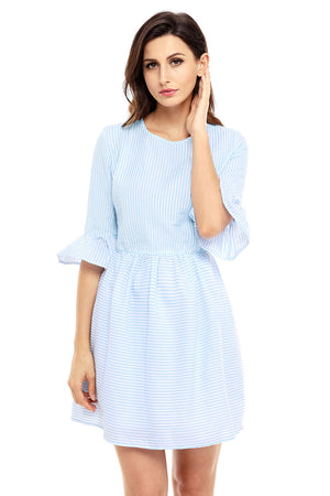 Blue White Stripe Flounce Sleeve Seersucker Dress