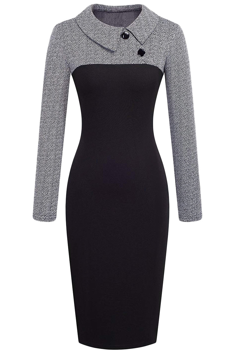 Gray Vintage Turn-Down Collar Pinup Button Midi Dress