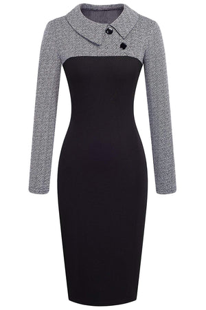 Gray Vintage Turn-Down Collar Pinup Button Midi Dress