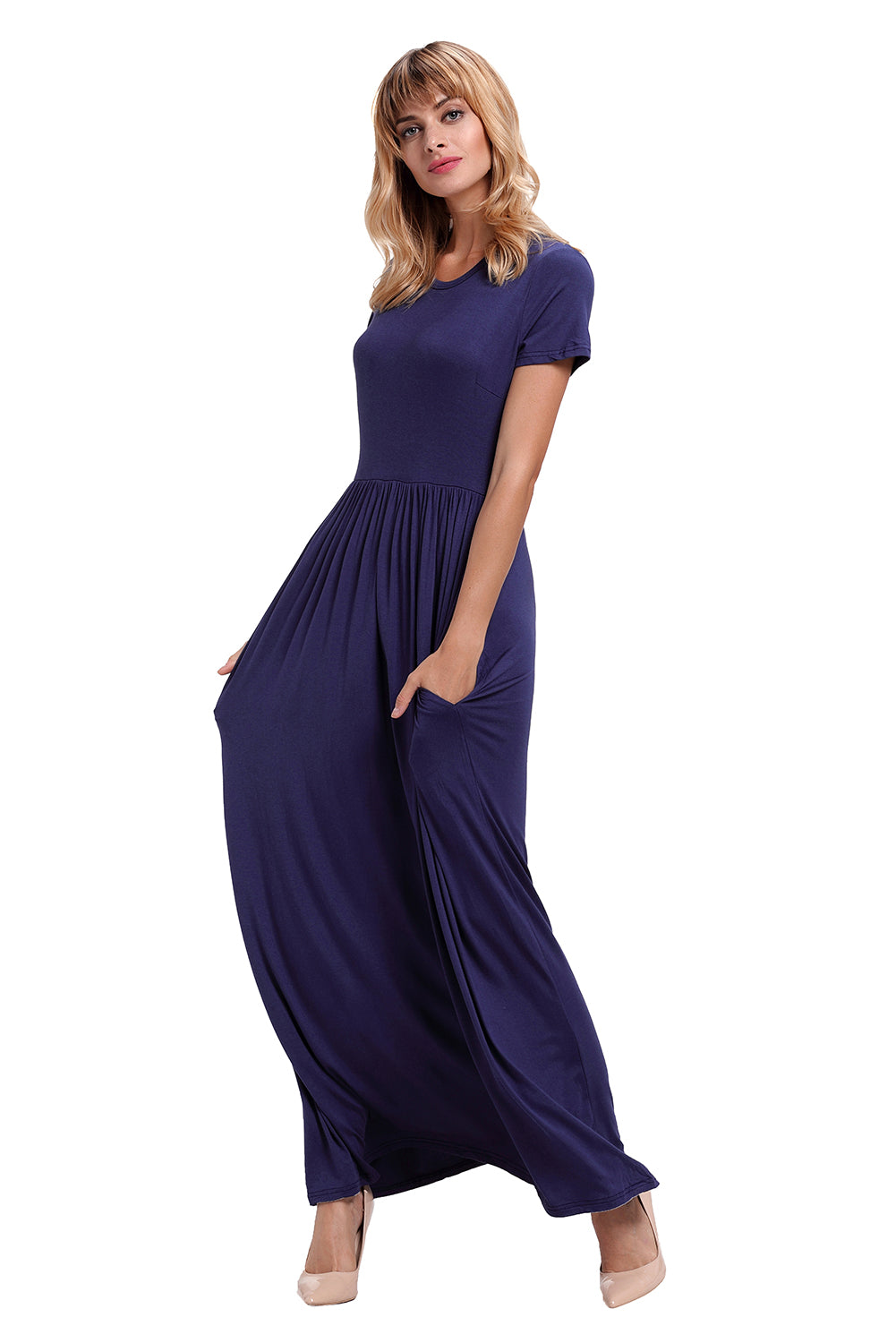 Navy Blue Short Sleeve Ruched Waist Maxi Dress