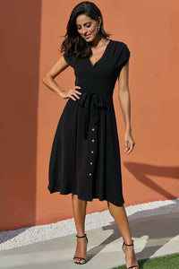 Chic V Neckline Buttons Design Black Midi Dress