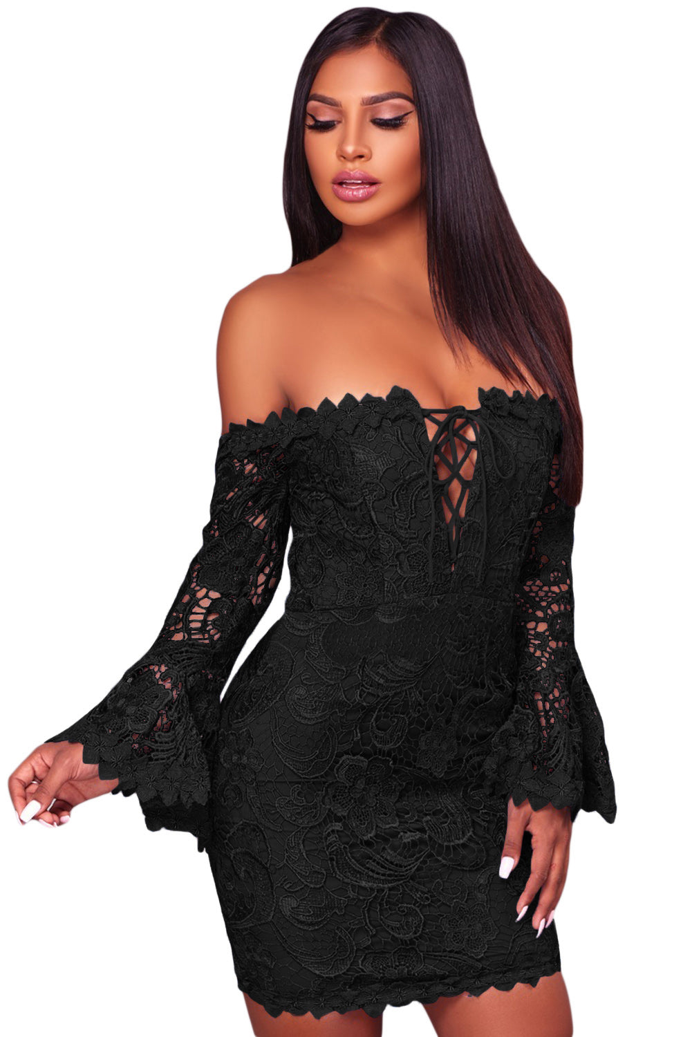 Black Crochet Overlay Off The Shoulder Fitted Mini Dress