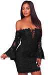 Black Crochet Overlay Off The Shoulder Fitted Mini Dress