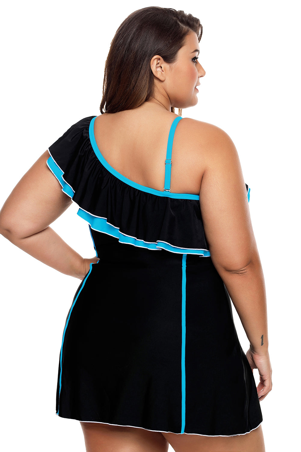 Black Blue Ruffle 1pc Swim Dress with Shorts