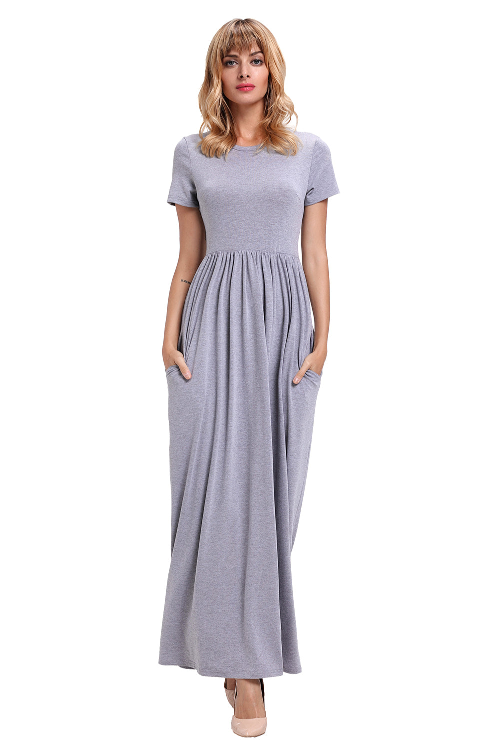 Gray Short Sleeve Ruched Waist Maxi Dress