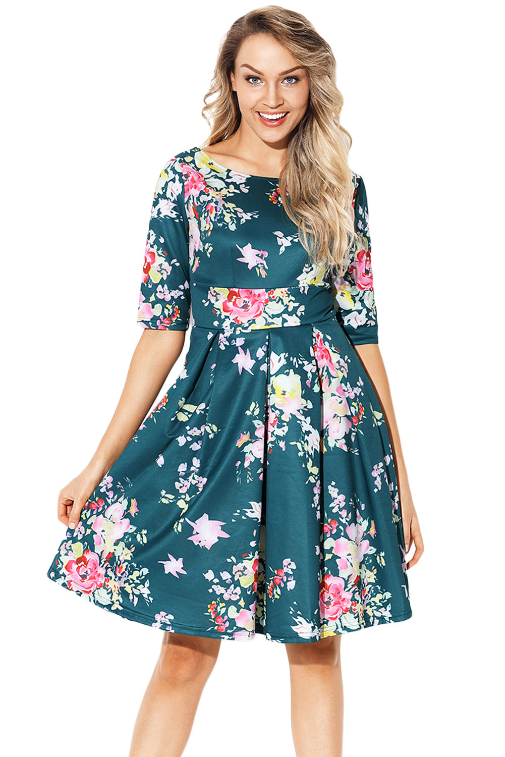 Jasper Vintage Style Floral Half Sleeve Swing Dress