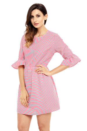 Red White Stripe Flounce Sleeve Seersucker Dress