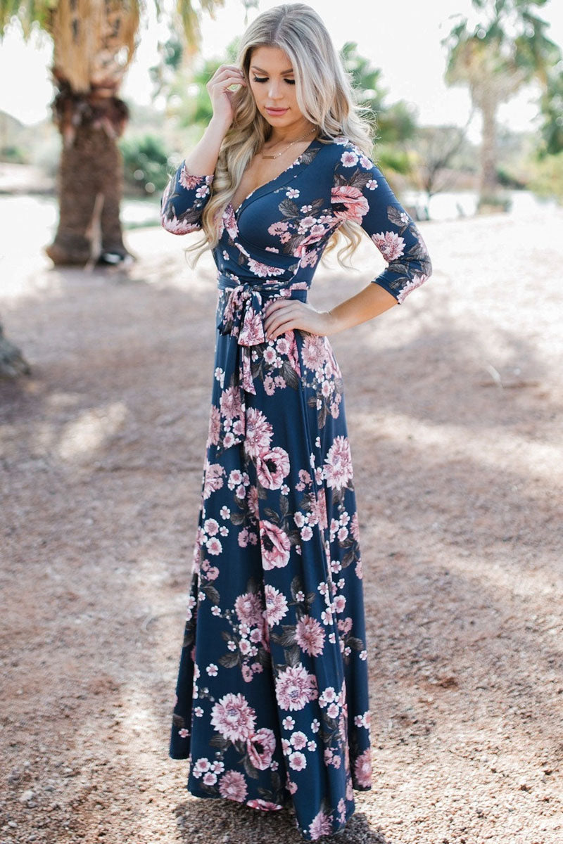 Navy Blue Blooming Flower Print Wrap V Neck Boho Dress