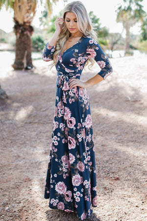 Navy Blue Blooming Flower Print Wrap V Neck Boho Dress