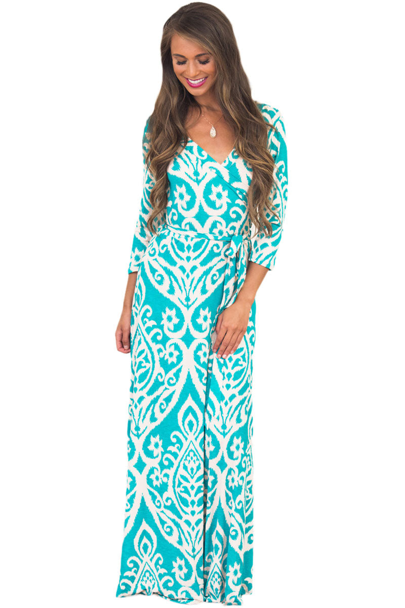 Mint Ivory Damask Print Wrap V Neck Boho Dress