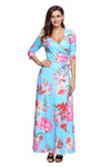 Cyan Floral Print Wrapped Long Boho Dress