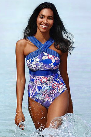 Blue Paloma Elastic High Neck One Piece Swimwear